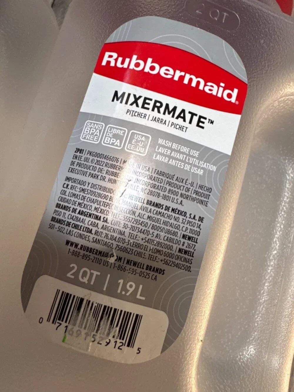 Rubbermaid 2022 Mixermate Pitcher 2 Qt BPA-Free Plastic With Red Lid - Set Of 2